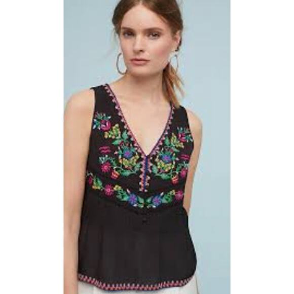 Anthropologie Maeve Carlotta Embroidered Floral Blouse Sleeveless Black Top NWT - Picture 1 of 9